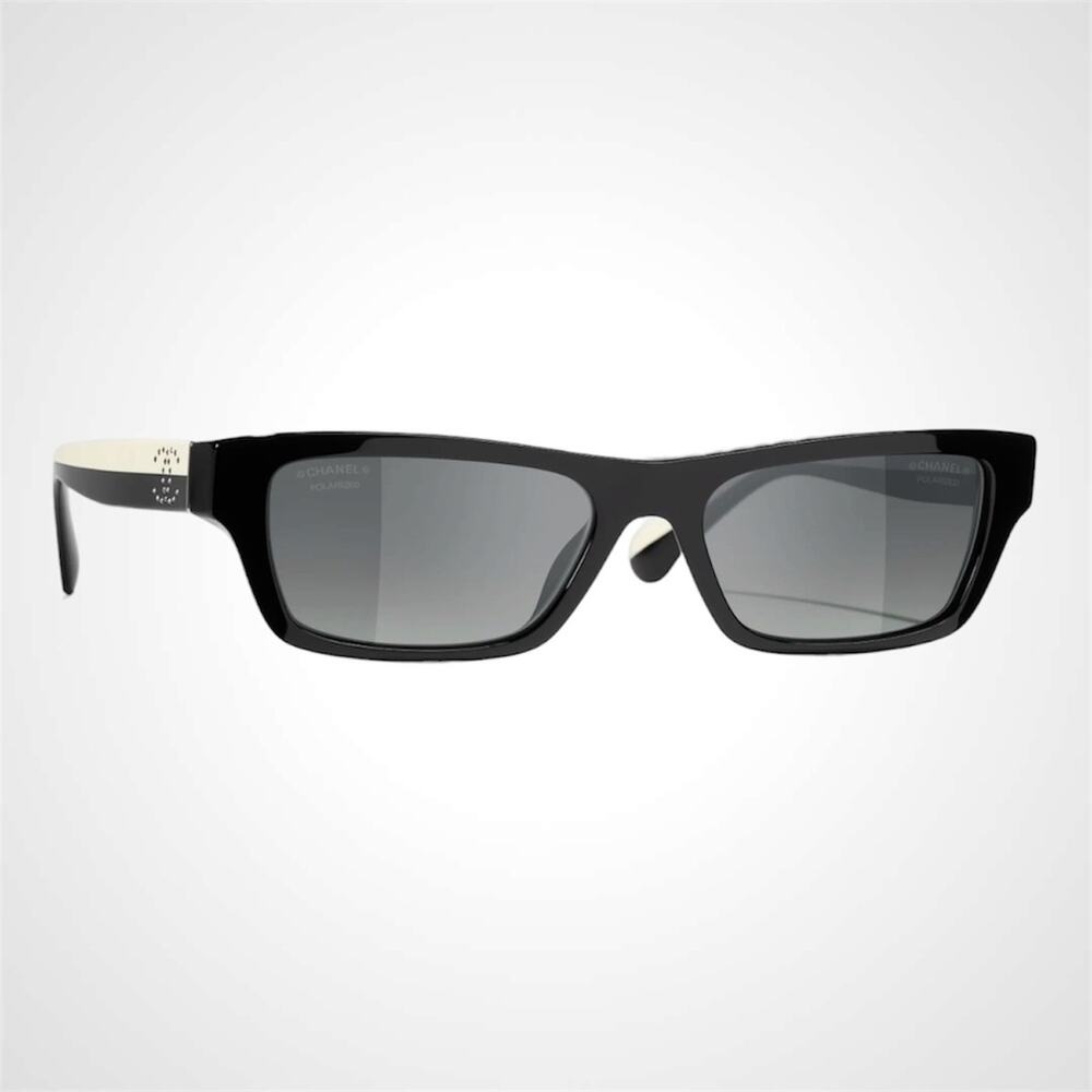 New CHANEL Sunglasses Black Polarized Acetate Strass Crystal CC Rectangle Womens - Picture 1 of 5